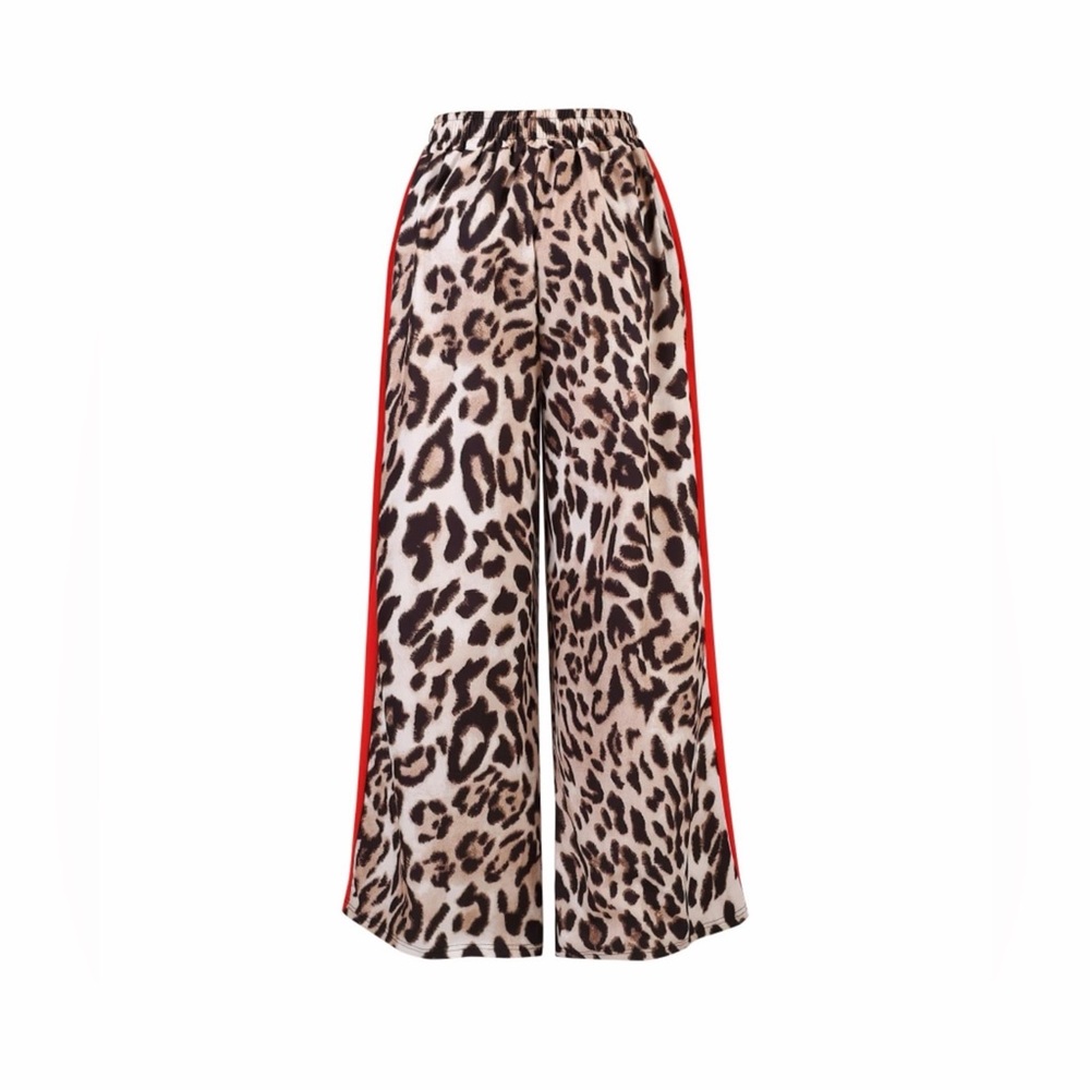 Leopard Print Wide Leg Palazzo Pants with Red Side Stripe | Elastic Waist - Picture 4 of 6